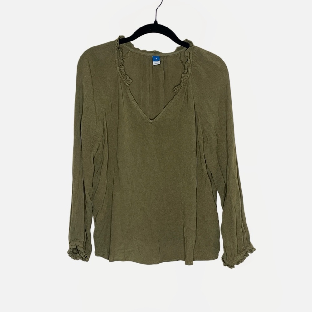 Old Navy Women’s Olive Poet Blouse Open Neck Ruffle Trim Size Medium